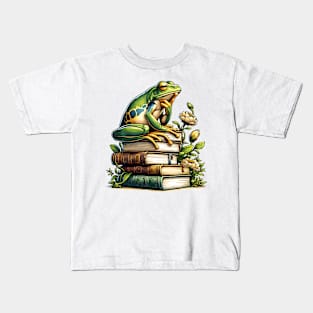 Cottagecore Aesthetic Frog Reading Book Mushroom Lover Kids T-Shirt